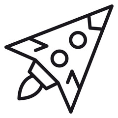 Black line art vector icon of a stylized rocket ship or spacecraft launching into space, minimalist spaceship illustration with portholes and flame, symbol for startup, speed, and exploration. © Hassan
