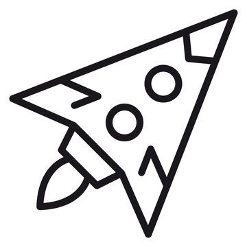 Black line art vector icon of a stylized rocket ship or spacecraft launching into space, minimalist spaceship illustration with portholes and flame, symbol for startup, speed, and exploration.