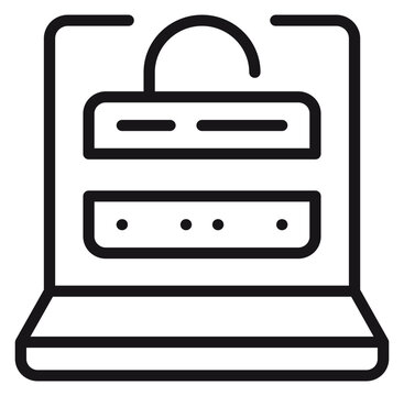Laptop login screen security vector icon illustration featuring username and password input fields with a padlock symbol for data protection, cybersecurity, and account access concept.