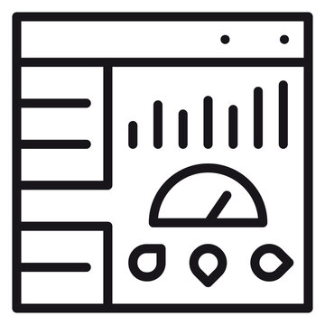 Minimalist black vector icon of a web dashboard interface featuring data visualization elements like bar charts, a gauge meter, and a navigation sidebar for analytics and business software.