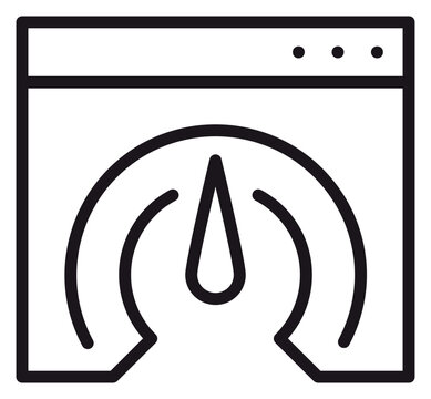 Website speed performance vector icon featuring a browser window with a speedometer gauge symbol, ideal for web development, SEO optimization, and internet loading speed concepts.