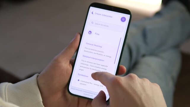 Explore the subconscious. User browsing a Dream Interpreter app for Fire symbolism. High-quality UI showing detailed meanings. Perfect for psychology, mental health, and spiritual content. Modern