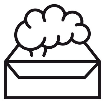 Minimalist black vector icon illustration of a human brain coming out of an open envelope, symbolizing smart communication, creative ideas, mental health, and thoughtful messaging.