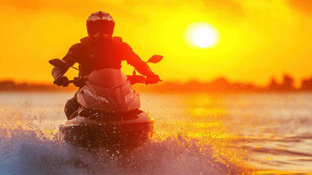 Bright sunset and rider enjoy thrill of jet skiing on calm water