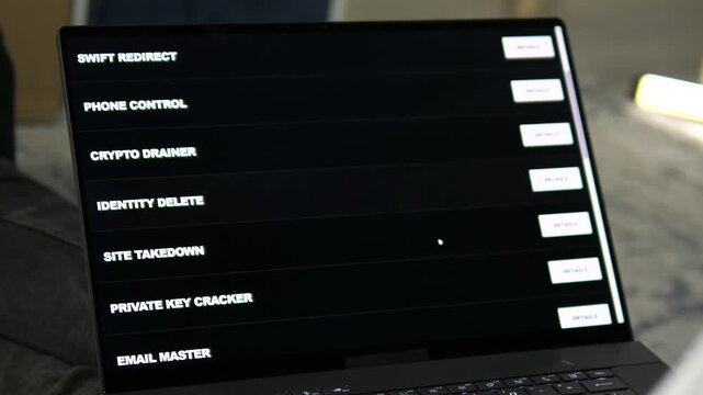 Cinematic close-up of a fictional dark web hacker portal. Displays various cyberattack services like crypto draining and corporate espionage. Ideal for cybersecurity documentaries, news segments, and