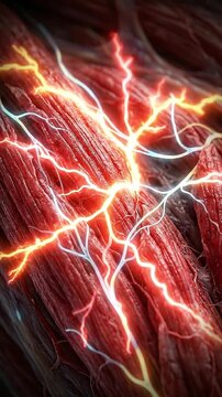 Muscle pain inflammation nerve signal anatomy tissue fiber strain injury physiology medical biology tendon closeup detailing nerve signal pathways and inflammation response in muscle tissue