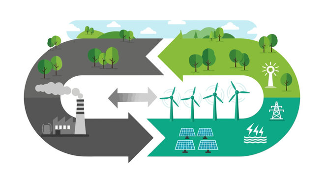 Industrial pollution contrasted with renewable energy sources cycle.