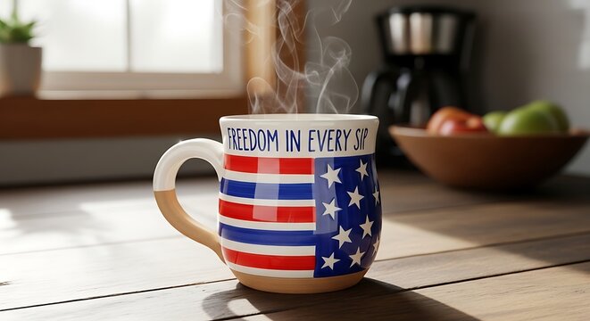 Patriotic ceramic coffee mug with freedom slogan and american flag motif
