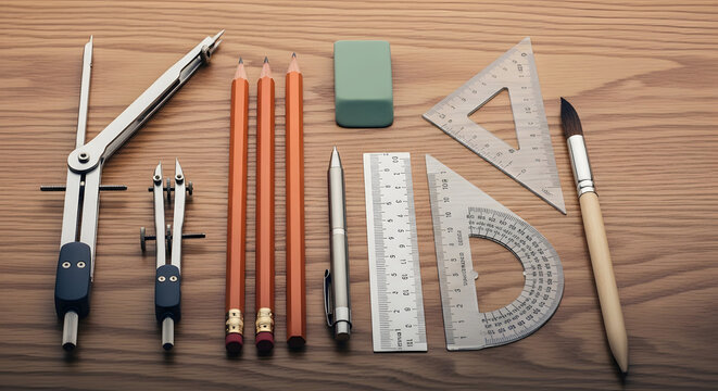 Professional Architecture Drafting Tools and Engineering Drawing Supplies on Wooden Desk for Design Project