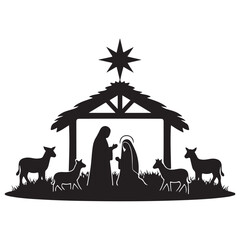 Fototapeta premium Nativity scene silhouette with Mary Joseph and baby Jesus in a stable under the star of Bethlehem vector illustration