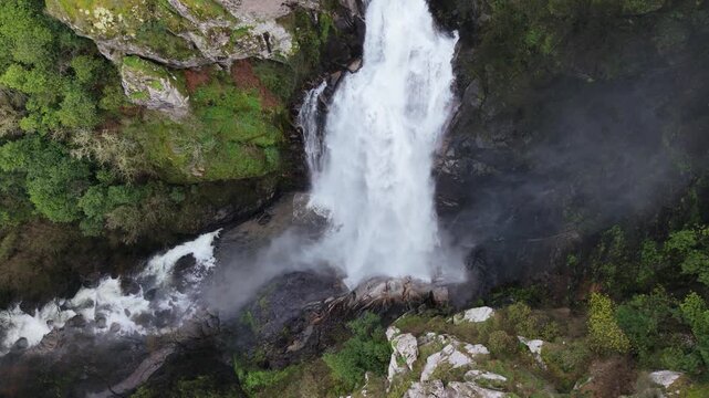 Aerial View Of Waterfall Toxa In Quintas, Silleda, Spain - Drone Shot