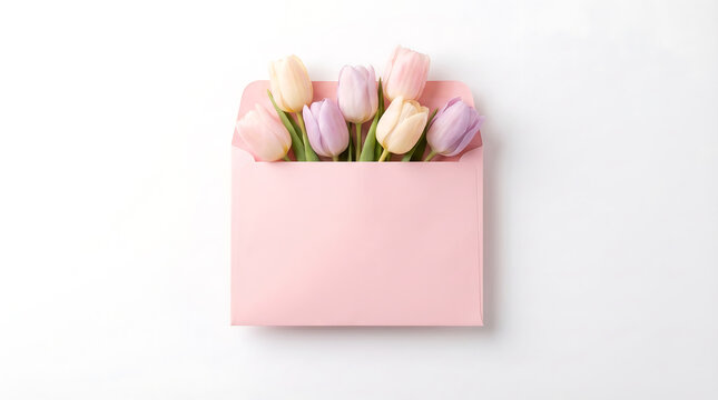 Pink envelope with colorful tulips sticking out on white background