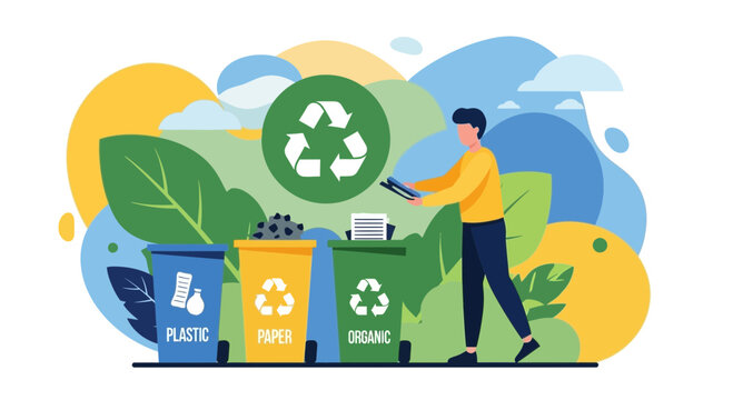 Man sorting waste into recycling bins for environmental protection.