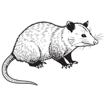 Virginia opossum vector illustration in black and white woodcut style for wildlife and nature design