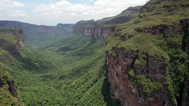 Aerial View of Lush Green Canyon with Steep Rocky Cliff Beautiful Landscape