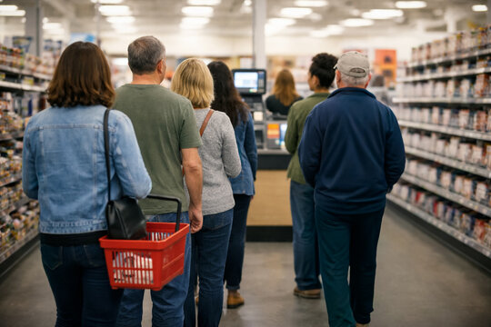 scene of customers waiting in a queue at a grocery store checkout counter. retail economy. no faces.