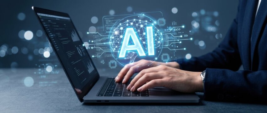 Hands Typing on Laptop with AI Technology Concept and Data Visualization Elements in Modern Office Environment