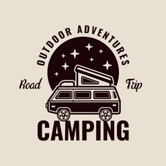 Obraz premium Camper van vintage vector emblem for travel and adventure themes. Retro vehicle design perfect for road trips, camping graphics and outdoor branding