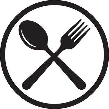 Crossed spoon and fork in circle icon, restaurant and dining symbol, minimal black vector design