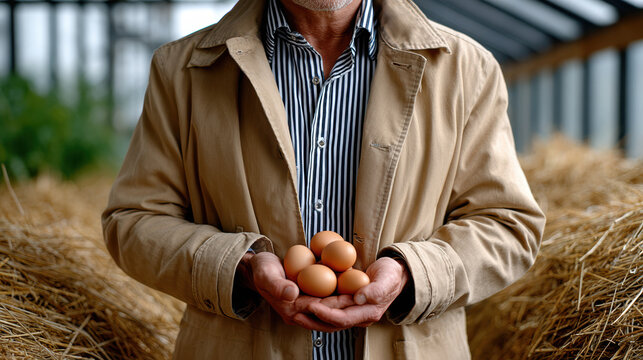 Farmer holding fresh brown eggs in hands inside a barn for organic farm background and rustic food marketing design