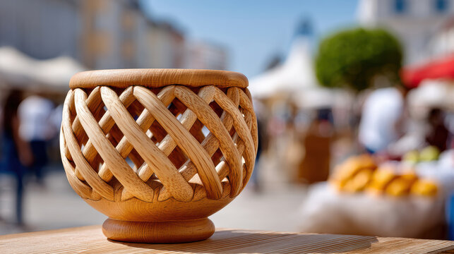 Hand carved wooden bowl with woven lattice design on market table close up for artisan craft background and product banner use