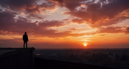 Fototapeta premium Silhouette of man on rooftop watching dramatic orange sunset over cityscape