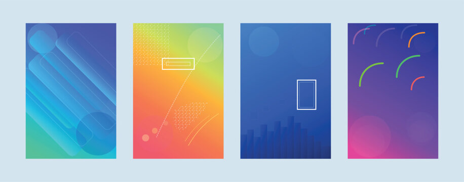 Abstract vibrant gradient background set with geometric shapes and linear textures