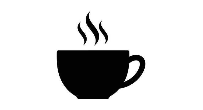 Silhouette of a steaming cup of coffee or tea against a stark white background