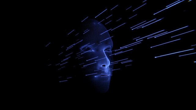 Blue Shine Human Head Anatomy Wireframe Hologram Scanning Effects With Light Flare Glitter. Particles 3d transition opacity Motion View, Seamless Loop 3d rendering