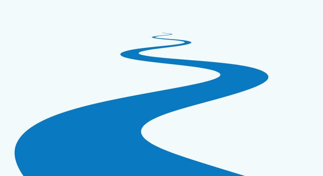 A blue river meanders across a minimalist, white canvas symbolizing growth and journey