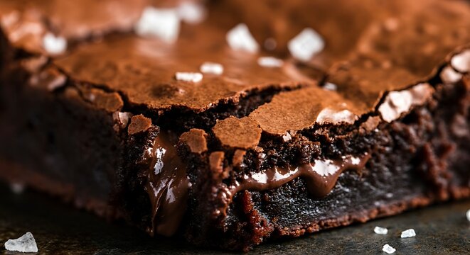 Detailed close-up of a dense brownie surface, cracked top layer, molten chocolate pool in the relief, sea salt flakes