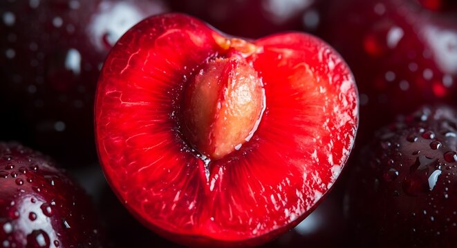 Glistening red texture of a sliced cherry, deep saturated color, moisture on the flesh, small pit cavity, macro detailed