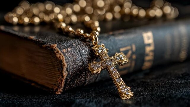 Gold crucifix necklace resting on a leather holy bible. Close up of religious jewelry and scripture. Christian faith and devotion concept