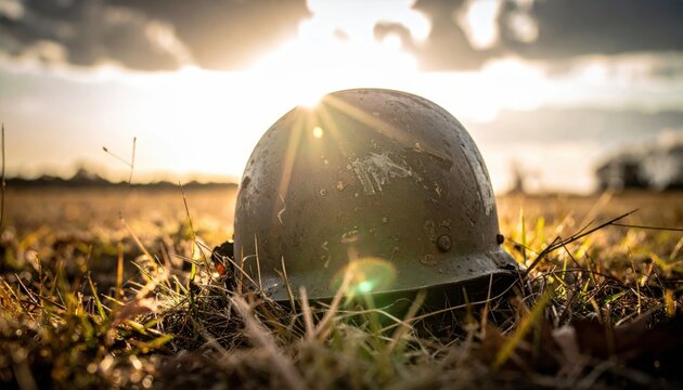 A worn, dented metal military helmet resting on the grassy ground under a dramatic sunset sky