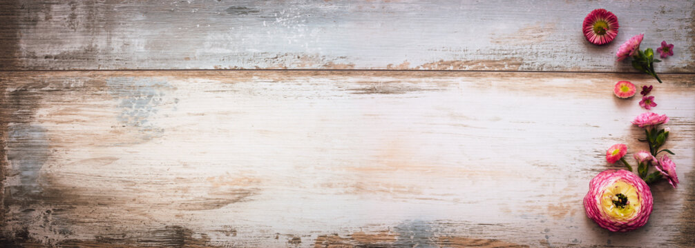 Purple flowers on vintage wooden background. Top view of rustic wooden banner with space for text. Ideal for a mother's day greeting card.