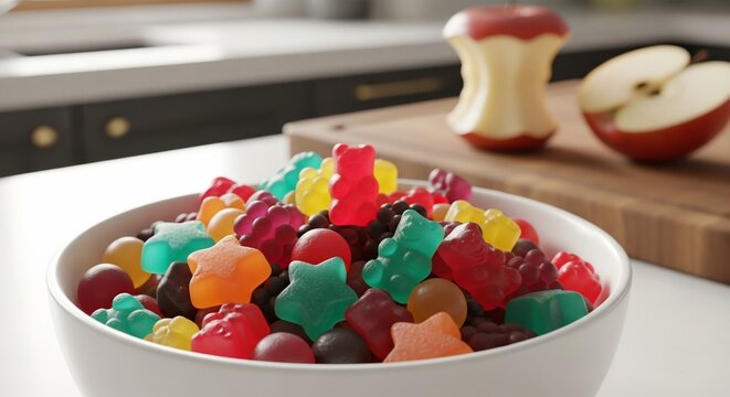 Colorful Gummy Candy Mix in White Bowl with Apple Core Background