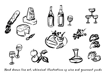 Naklejka premium Collection of hand drawn icons, wine and gourmet foods