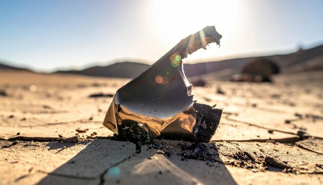 Mangled metal shrapnel piece reflecting muted sunlight on a cracked desert surface
