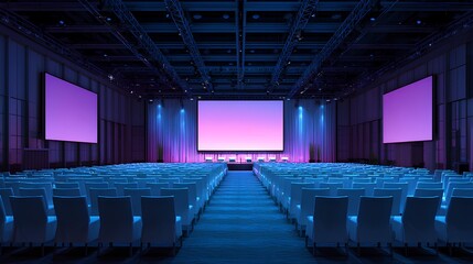 Naklejka premium Conference Hall Interior: A modern conference hall bathed in ambient lighting, featuring rows of seating facing a central stage with multiple screens, ideal for events and presentations. 