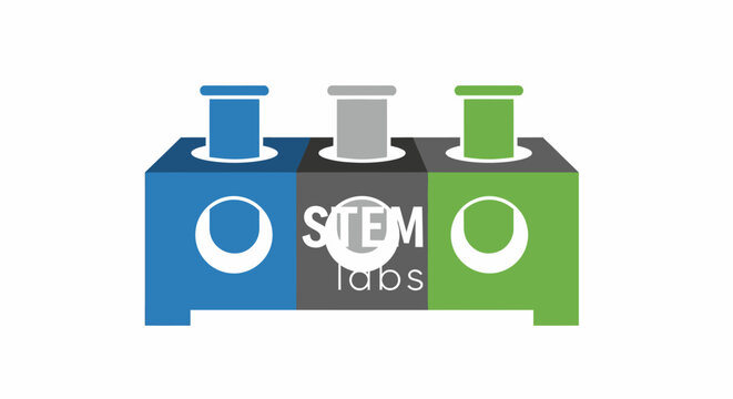 STEM labs logo representing a collection of science experiment containers illustration
