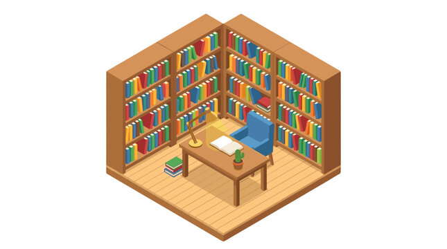 vector An isometric view of a cozy library room filled with wooden bookshelves and a comfortable desk setup.