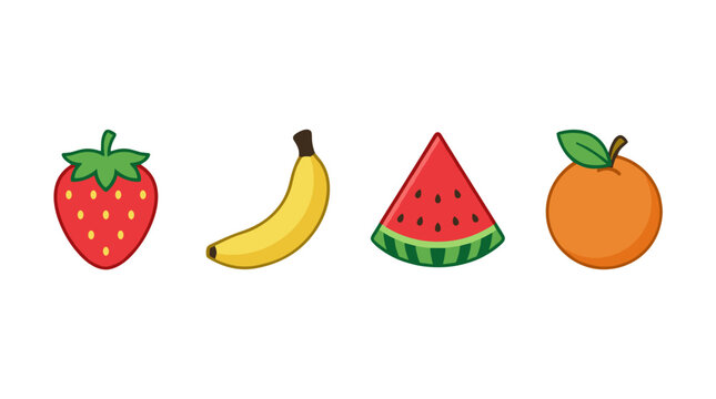 vector Assortment of fresh fruits including a strawberry, banana, watermelon slice, and orange