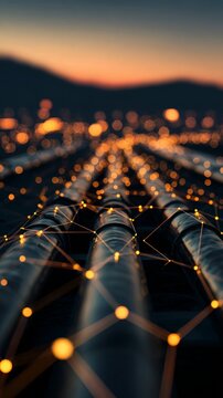 Pipeline networks: silent witnesses to the world's energy dilemma. Ai web. Steel pipelines in a desert: a visual representation of energy challenges. Data network. Machine learning.