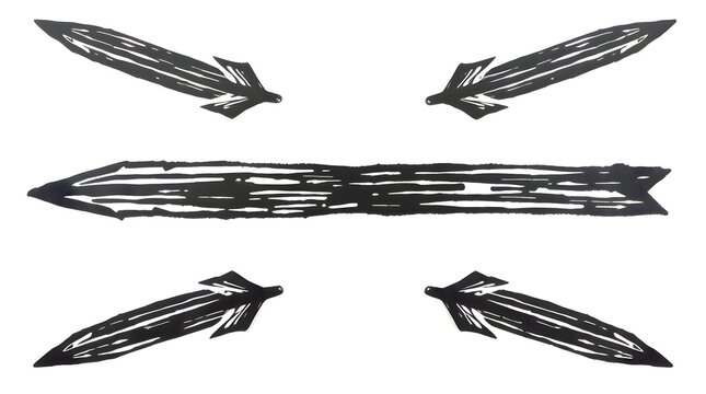 Drawing of black arrows on white background, hand drawn sketch of dark pointer symbols, minimalistic artistic illustration of direction and target concepts