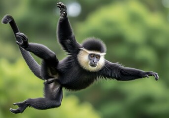 Fototapeta premium A black and white monkey jumping through the air