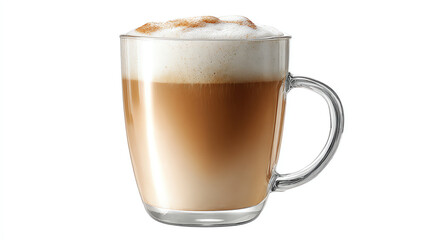 Obraz premium A creamy latte in a clear glass cup, showcasing rich espresso and frothy milk. Perfect for coffee lovers.