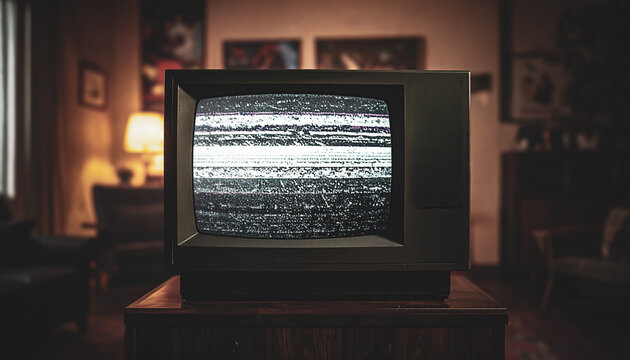 closeup of a a vintage CRT television set, likely from the 1980s or 1990s, displaying static noise on its screen with 80s room decor background