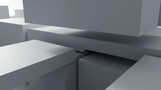 Abstract 3D render of white interlocking rectangular blocks and geometric cubes creating a minimalist structural landscape with clean lines, soft shadows, and neutral grey tones.