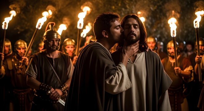 A dramatic and historical depiction of a pivotal moment, capturing the betrayal in a visually compelling way, using the power of light and shadow, evoking a sense of solemnity and spiritual intensity.