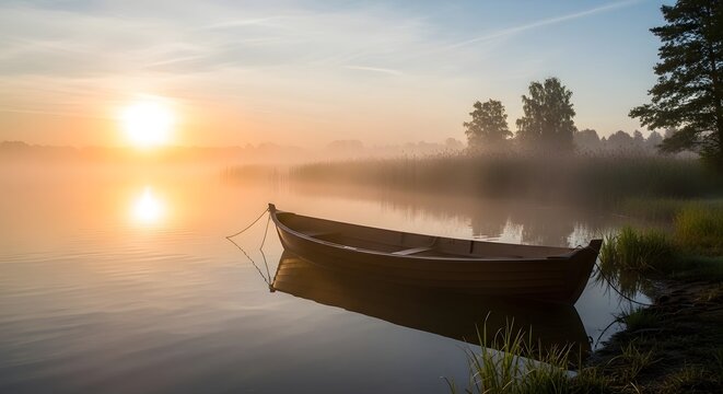 A serene sunrise over a tranquil lake, with a wooden boat gently moored, evoking a sense of calm and the promise of a new day.